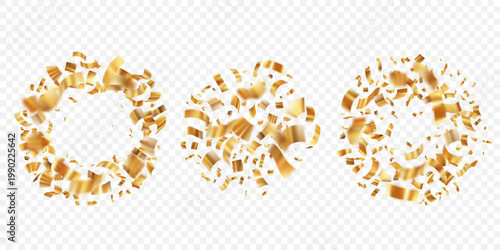 Golden confetti explosions isolated on white background. Party decoration for celebrations, holidays. Festive serpentine and burst effects. Vector illustration