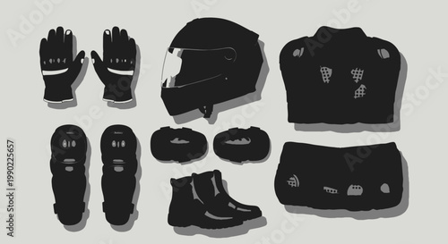 Motorcycle protective gear isolated on light background: helmet gloves pads boots jacket and pants in safety silhouette style