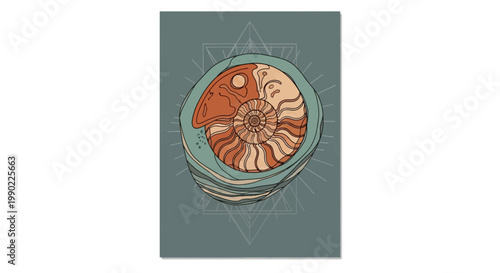 Nautilus shell art illustration with detailed spiral pattern and geometric background in soft teal and earth tones intricate drawing