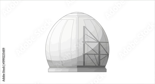 Observatory building illustration; dome structure design; astronomical research center drawing; light gray; architectural; futuristic space; half construction