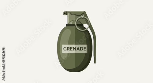 Olive green grenade illustration with a pull pin and label design in a vector style for military or explosive safety themes; isolated object