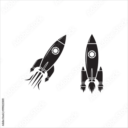Adobe Illustrator Artwork Two stylized black rockets in silhouette, one launching with fiery exhaust, vector illustration