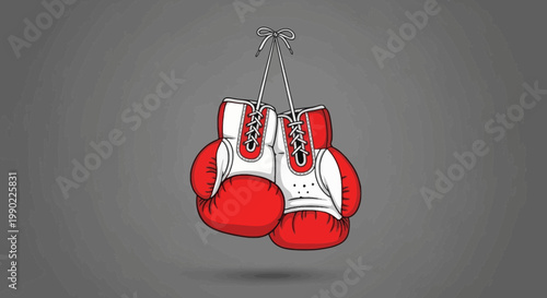 Pair of red and white boxing gloves hanging by laces against a dynamic gray background in cartoon style drawing for sports concept