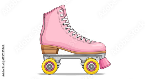 Pink quad roller skate illustration with yellow wheels and white laces in retro style isolated on a clean white background