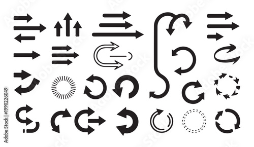 Set of various black arrows isolated on transparent background for navigation and direction signs.