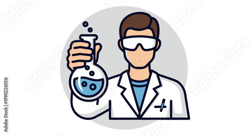 Scientist in lab coat holding flask with blue liquid and bubbles in laboratory; vector style illustration on light gray background