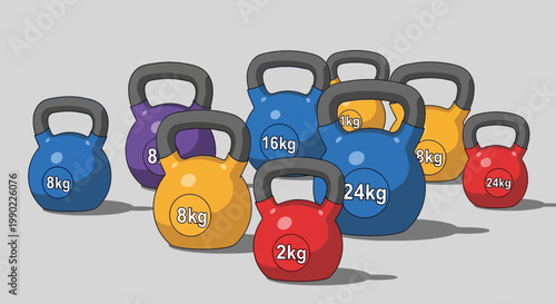 Set of colorful kettlebell weights illustration; diverse fitness equipment for strength training; weightlifting exercise in various sizes and colors