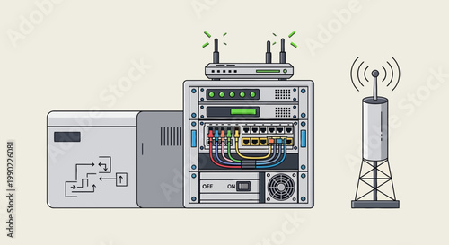 Server rack with network equipment router switch and antenna broadcasting signal in cartoon style on light background