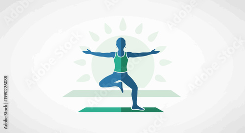 Silhouette illustration of woman practicing tree pose yoga against a backdrop of sun rays for fitness and wellness in teal
