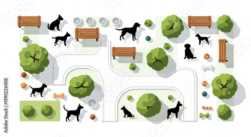 Top View Pet Park Vector Set with Dog Silhouettes Benches Bowls Trees and Pathways