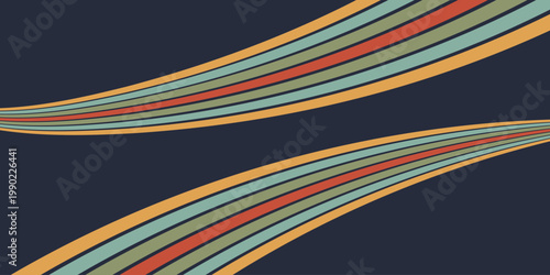 Groovy rainbow line background. Retro 70s graphic. Wavy flow poster design. Curved perspective vector stripes. Minimalistic futuristic geometric bg