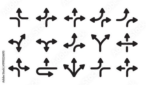Black intersection and direction arrow icons set for street navigation and map guidance illustration.
