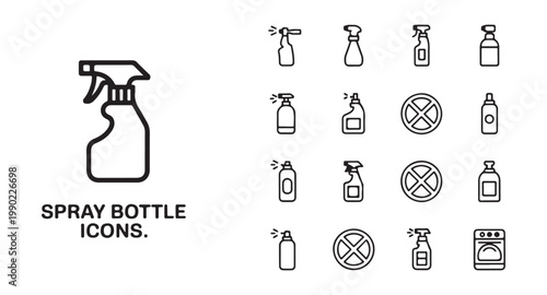 Spray bottle icons collection graphic vector symbols for cleaning liquid products and containers on white background.