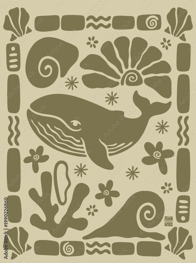 Obraz premium Whale Marine Life Ocean Creature Illustration.