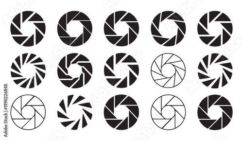 Set of camera aperture icons in various styles and line thickness on a transparent background.