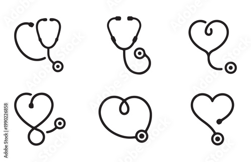 Stylized stethoscope heart shapes vector icons medical healthcare symbols isolated white.