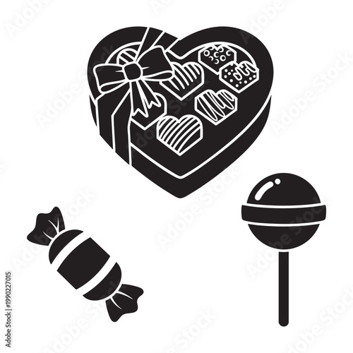 Sweet treat icons with chocolate box and candy set