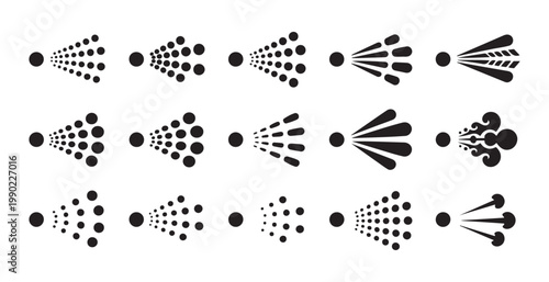 Spray patterns icons set vector graphics showing different types of aerosol mist liquid dispersion and spray effects.