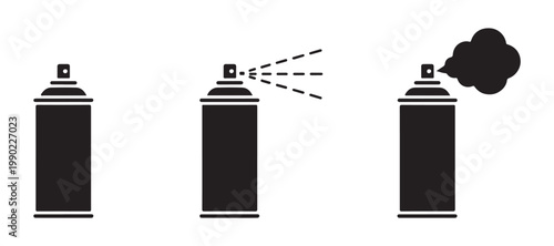 Aerosol spray can icon set showing different states of application with fine mist and dense cloud vapor silhouette.