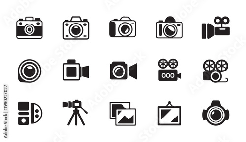 Multimedia icons set including photo cameras cinema gear tripod and digital image frames collection.