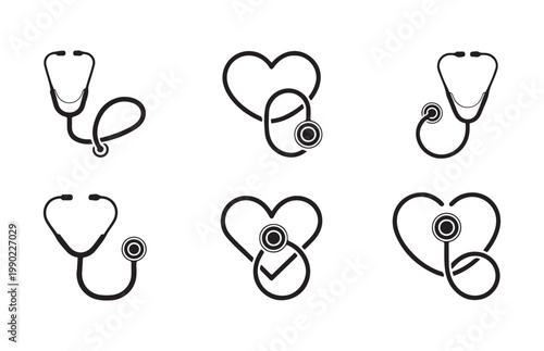 Medical stethoscope with heart shape icons for healthcare professional branding and hospital equipment design.