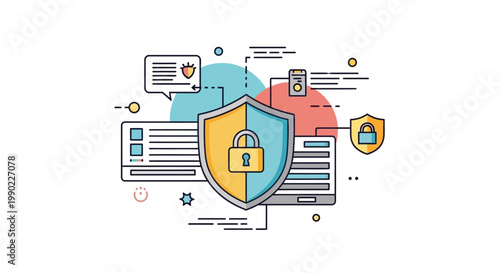 A shield with a padlock protects a computer and server from various cyber threats online.