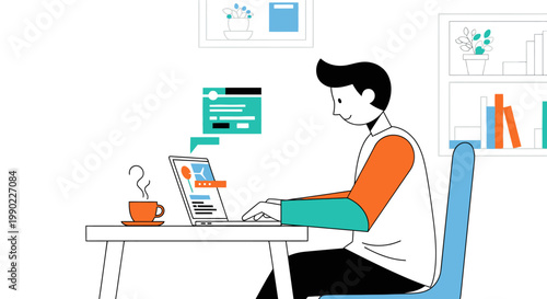 Person sitting at desk working on laptop with cup and books nearby