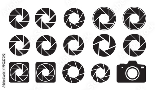 Aperture blades and shutter icons with camera body graphic for photography settings and design app.