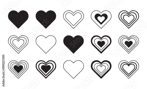 Set of simple heart shapes in solid fill and outline styles, modern design elements.