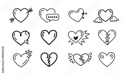 Charming hand-drawn heart icons with arrows, wings, cracks, and chat bubbles.