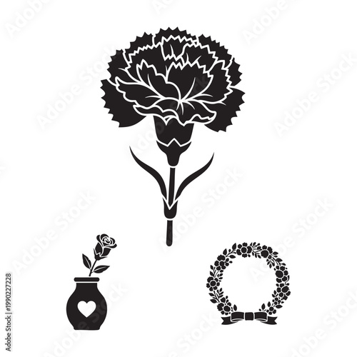 Mother's Day flower icons with carnation rose and wreath