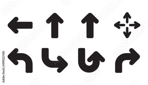 Collection of black arrow icons showing various directions and turns including directional arrows.
