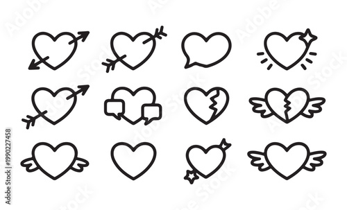 Collection of outline heart icons with arrows, wings, cracks, and chat bubbles.