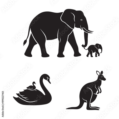 Photos Mother animal icons with elephant swan and kangaroo set