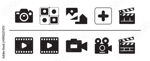 Photography and video icons set camera film roll clapperboard plus button squares.