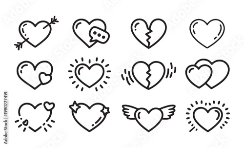 Set of heart icons collection with various styles like broken winged and sparkled elements for web design use.