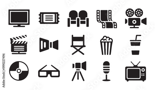 Movie theater icons featuring film strip video camera and cinema seats symbols for media applications.