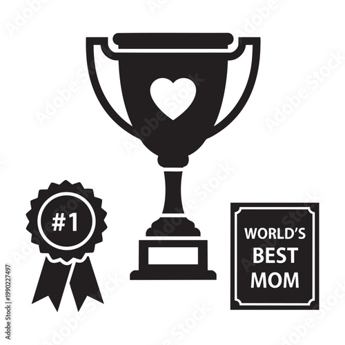 Best Mom trophy icons with prize rosette and plaque set