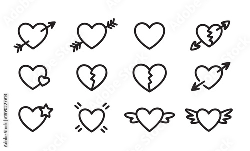 Black outline heart icons featuring cupid arrows broken shapes wings and star details for romantic projects.