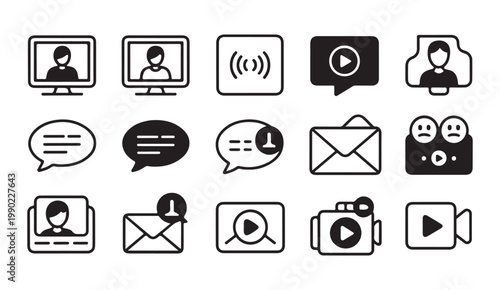 Set of 15 social media and communication icons showing interactions, notifications, and media.