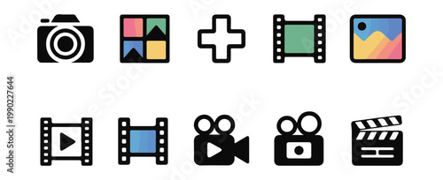 Photography video camera icons film roll clapperboard plus button image squares.