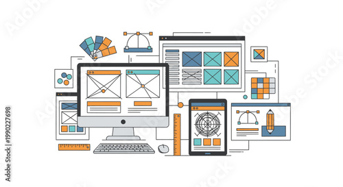 A digital illustration of various devices displaying design elements and graphs surrounded by tech gadgets and charts.