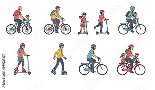 People riding bicycles and wheeled activities vector family fitness set