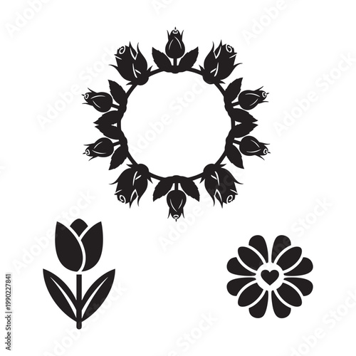 Mother's Day floral icons with rose wreath tulip and flower set
