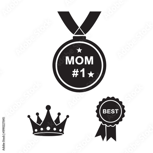 Best MOM award icons with medallion crown and prize ribbon