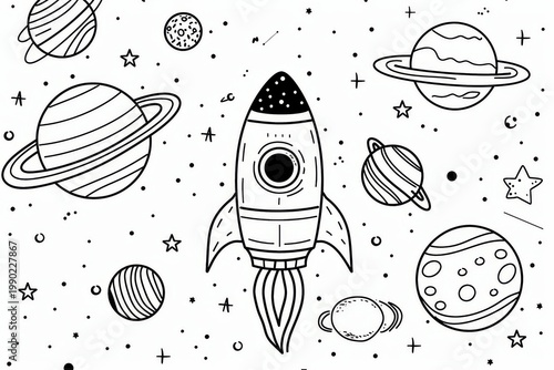 Simple coloring page of space with planets, stars, and a rocket ship, black lines on white background, low detail.