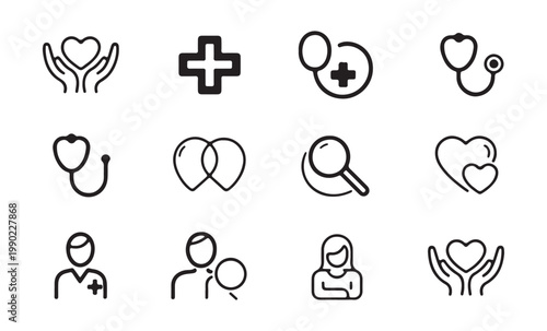 Medical healthcare icons, set of black line symbols including heart in hands, cross, stethoscope, magnifying glass.