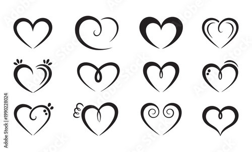 Swirl heart vector collection, diverse decorative heart shapes with ornate curls and lines, love symbols.