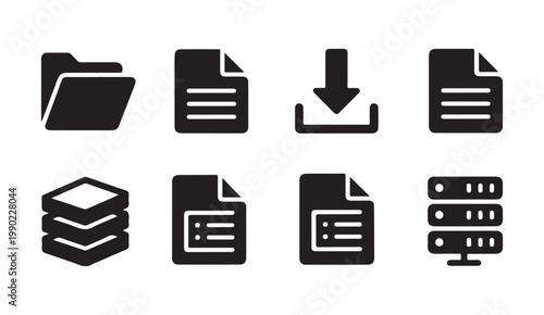 Solid black file and data icons featuring document pages download arrows server units and directory.