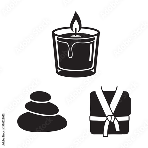 Wellness icons with scented candle massage stone and bathrobe set